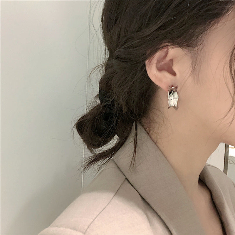 Women's Sier Needle Design Pleated Ear Niche Earrings