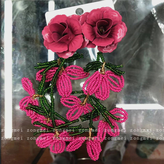 Woven Bead Flower Tassel Exaggerated Paint Earrings