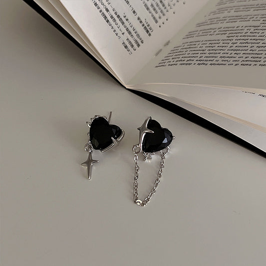 Asymmetric Black Love Heart Female Simple Earrings
