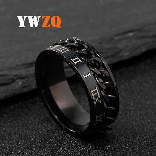 Men's Steel Ornament Marking Roman Characters Rotatable Chain Rings